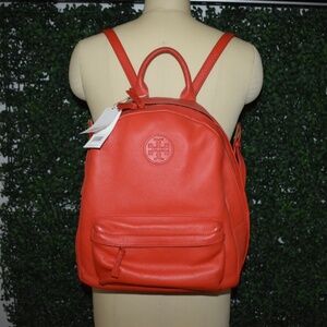 $395 Tory Burch Pebbled Leather Backpack Samba Orange Logo Original Tags Include